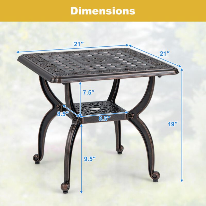 Hivvago Cast Aluminum Outdoor Side Table with Storage Shelf for Garden Porch Balcony