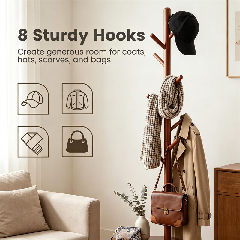 Freestanding Wood Coat Rack with 8 Hooks and 2 Shelves for Home Storage image number 3