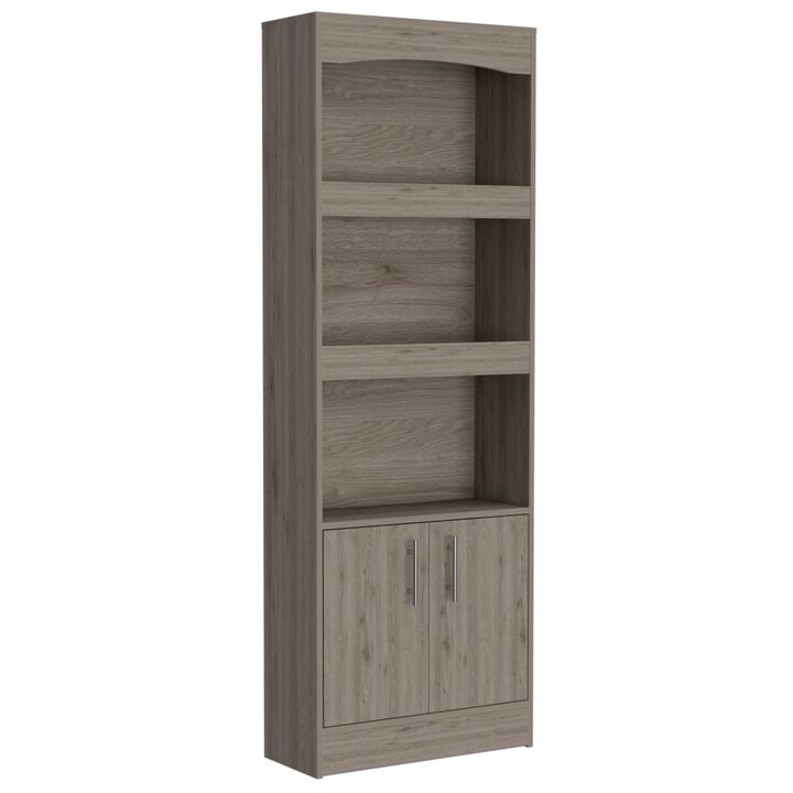 Simma Bookcase, Metal Hardware, Three Shelves, Double Door Cabinet -Light Gray