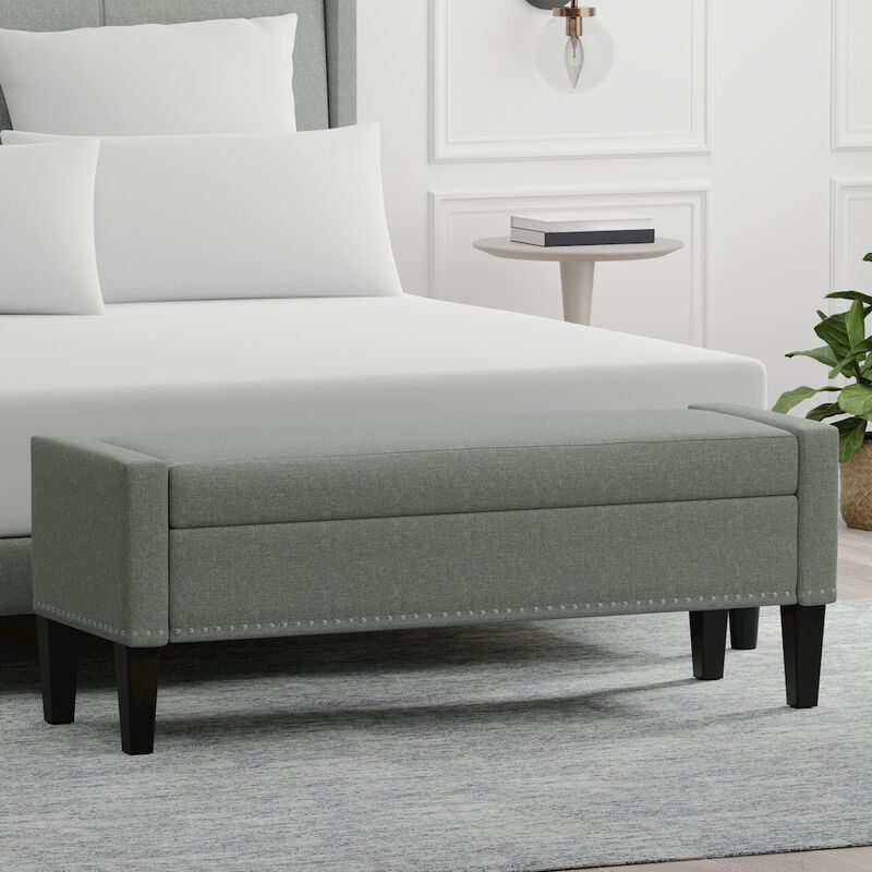 Rize Home 51.25 Storage Bench with Truncated Arms + Nailhead Trim - Stone (Light Gray) image number 4
