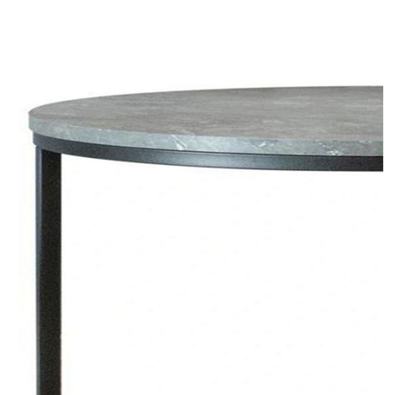 35 Inch 2 Piece Nesting Coffee Table Set, Round Gray Faux Marble Tabletop-Benzara