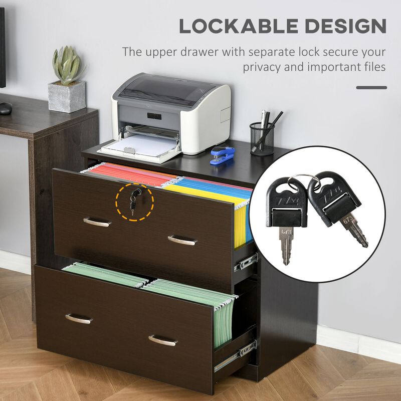 Espresso File Organizer: 2-Drawer Cabinet with Lock for A4 Size