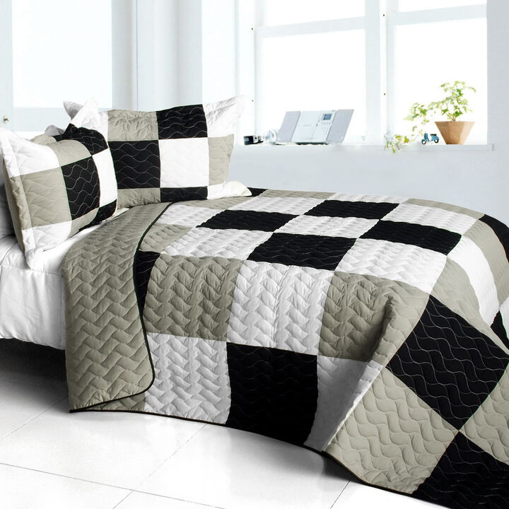 Patchwork Plaid Quilt Set Queen Size with Vermicelli Quilted Design-Grey