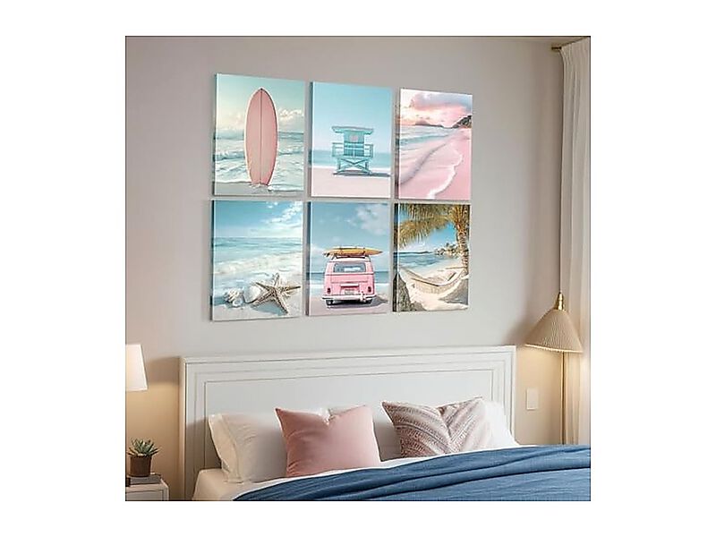 Pink Beach Scene Wall Art Surfboard 6 Pack Beachy Coastal Girls Tropical Days image number 2