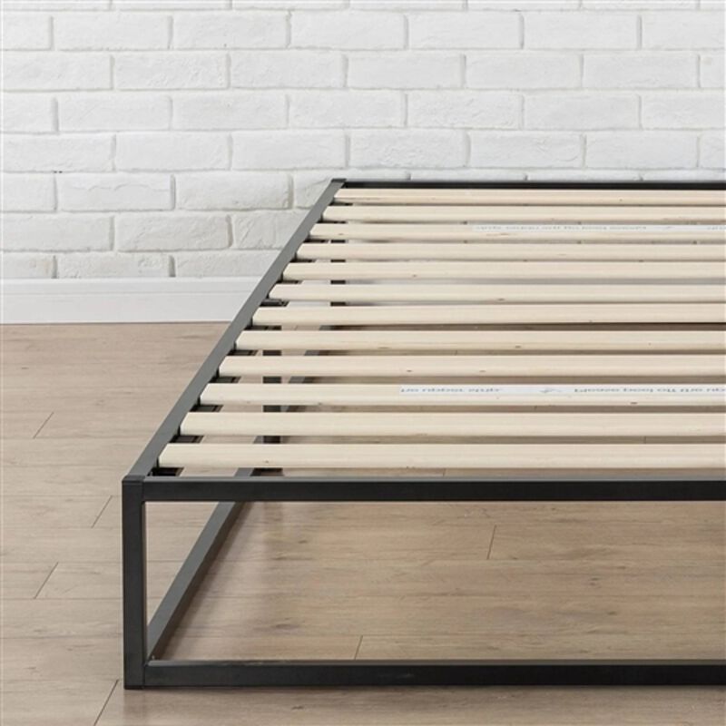 Sleek Metal Platform Bed Frame with Wood Slats – Low Profile Design