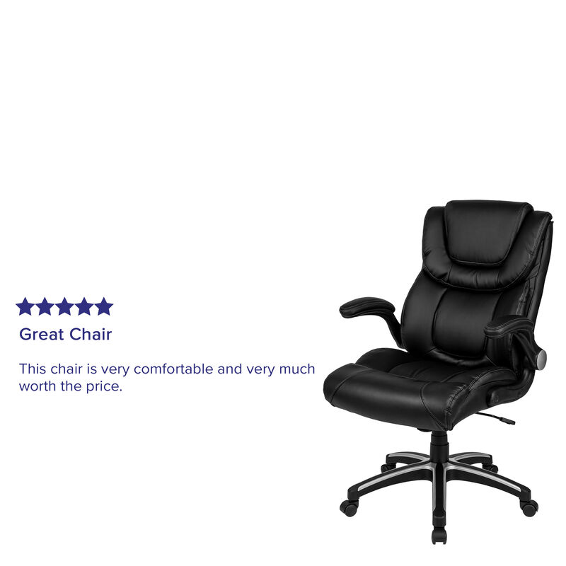 Hansel High Back Black LeatherSoft Executive Swivel Office Chair with Double Layered Headrest and Open Arms image number 2