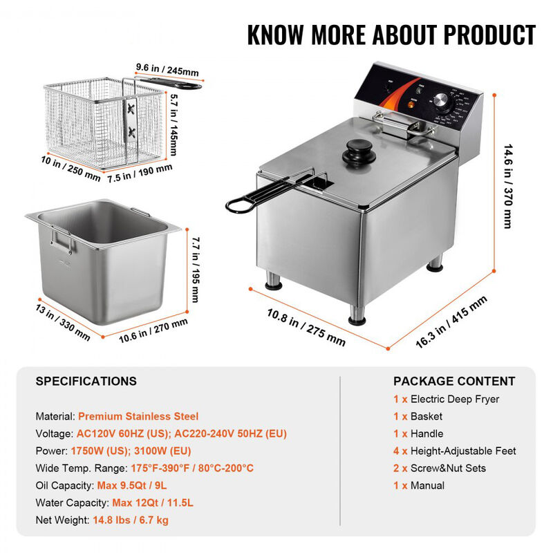 Stainless Steel Commercial Deep Fryer 1750W 12Qt Single Tank with Temperature Control-Silver image number 2