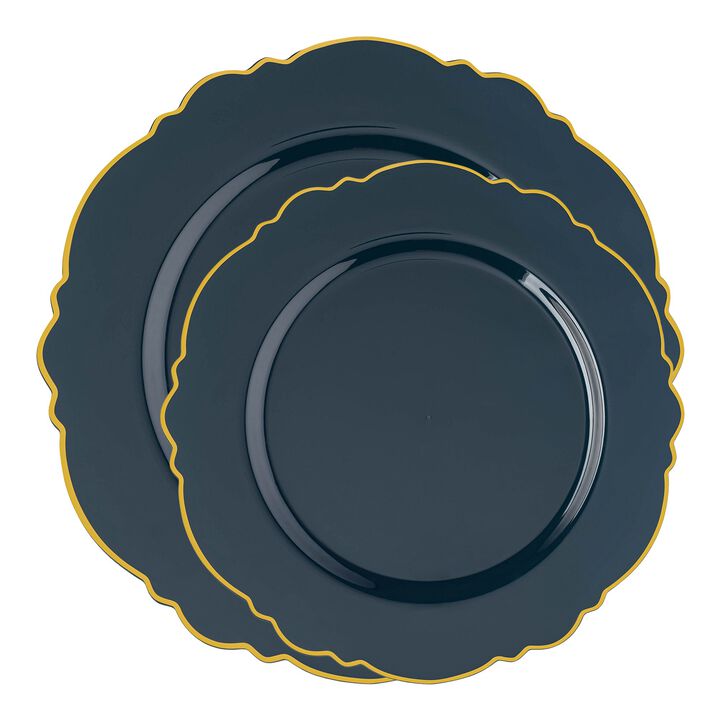 Navy with Gold Rim Round Blossom Plastic Dinnerware Value Set (40 Sets)
