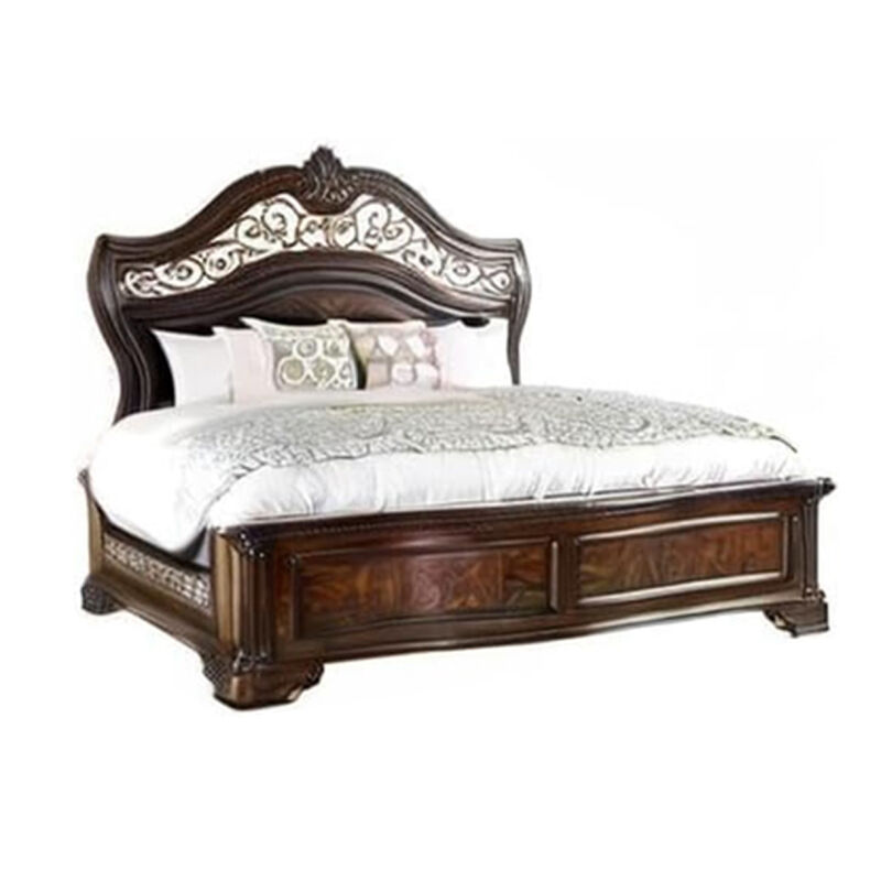 Queen Bedroom Set in Brown Cherry & Gold Wood &ndash; 2 Piece Set with Nightstand image number 3