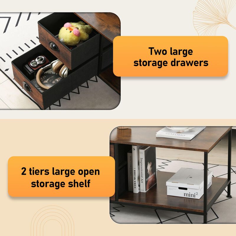 SENIG Coffee Table with Drawers, Coffee Table for Living Room, 2-Tier Coffee Tables with Storage Drawers,Brown Coffee Tables for