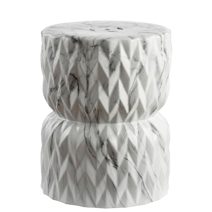 Chevron Drum White Marble Finish Ceramic Garden Stool