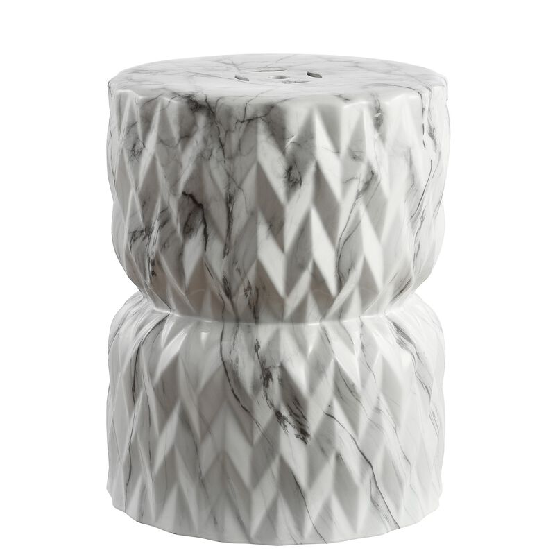 Chevron Drum White Marble Finish Ceramic Garden Stool