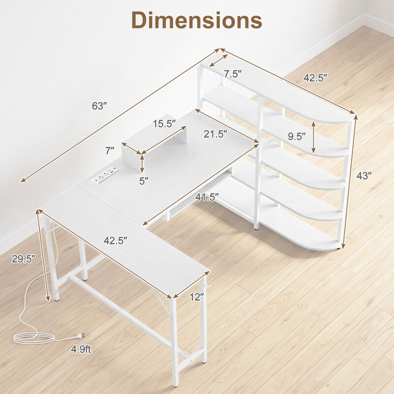 U Shaped Computer Desk with 5 Tier Storage Bookshelf and Keyboard Tray image number 2