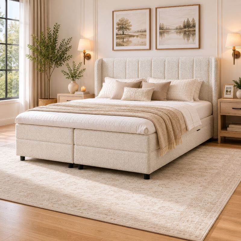 Koe Queen Storage Bed, Wingback, Channel Tufted Beige Chenille Upholstery image number 8