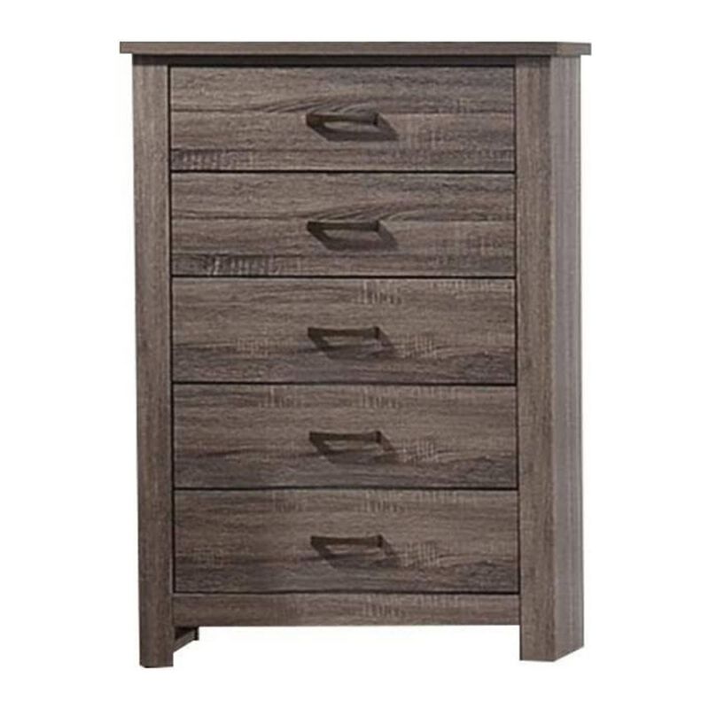 Soma 49 Inch Rustic 5 Drawer Tall Dresser Chest, Bar Handles, Oak Gray - Benzara