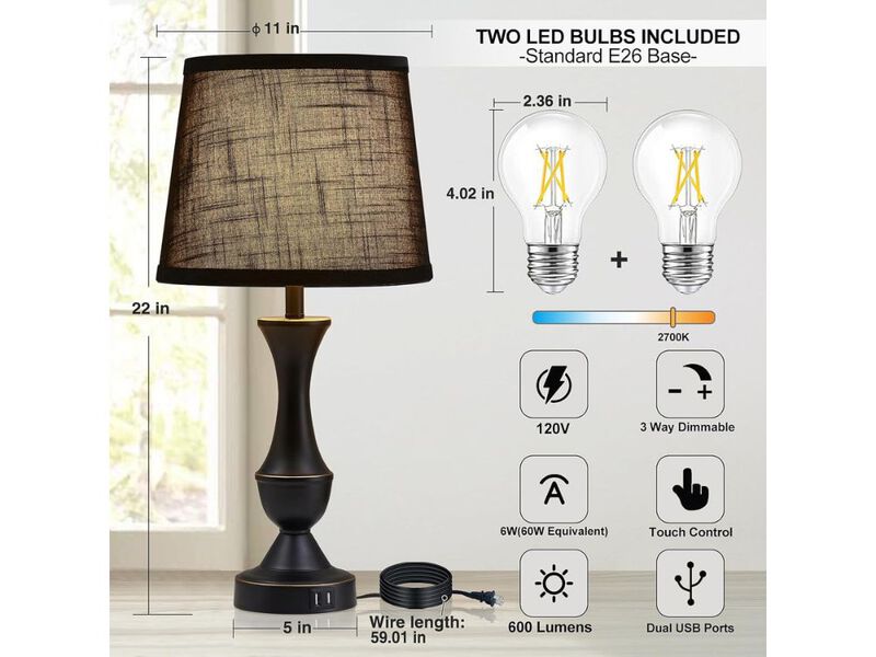 22 Inch Black Touch Table Lamps Set of 2 with USB and LED