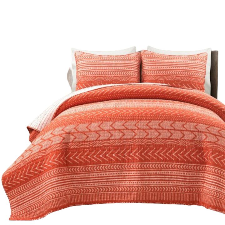 Hivvago King size Scandinavian Chevron Orange White Stripe Reversible Cotton Quilt Set