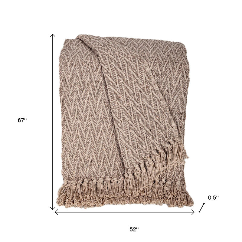 HomeRoots 52" X 67" Brown Woven Cotton Chevron Throw Blanket with Fringe image number 4
