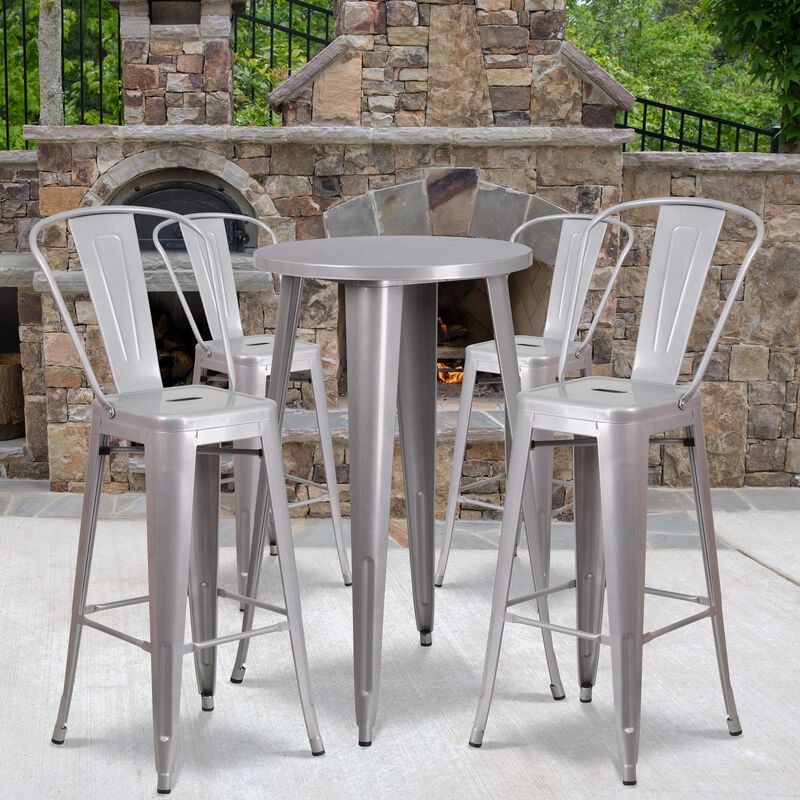 Flash Furniture Commercial Grade 24" Round Silver Metal Indoor-Outdoor Bar Table Set with 4 Cafe Stools