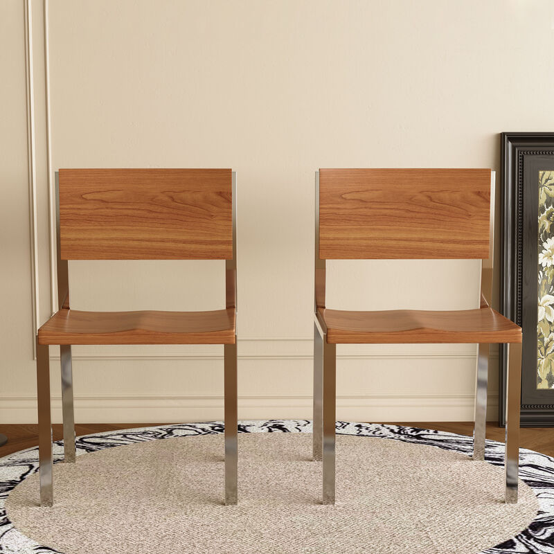 Wooden Dinning Chair with Stainless Steel Frame for Dinning Room 2-piece 17.3" Brown
