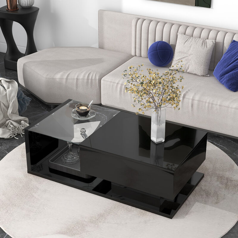 GOODSILO Modern White Coffee Table with Tempered Glass Top and Storage Drawer for Contemporary Living Room Decor image number 1