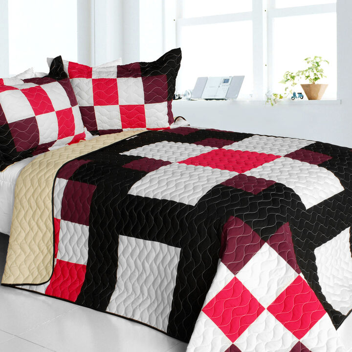 Queen Size 3 Piece Quilted Patchwork Bedding Set with Romantic Girl Print Design-Multi Color