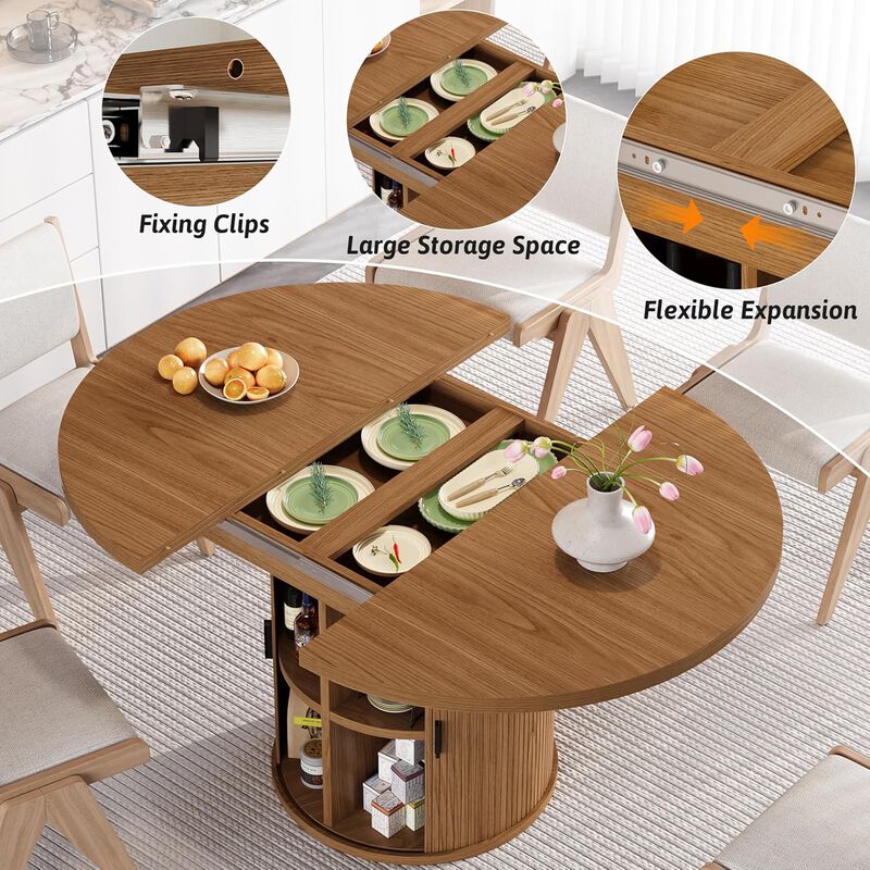 Vipbear 43" to 59" Extendable Round Dining Table, Solid Wood Top with Storage Cabinet, Kitchen image number 5
