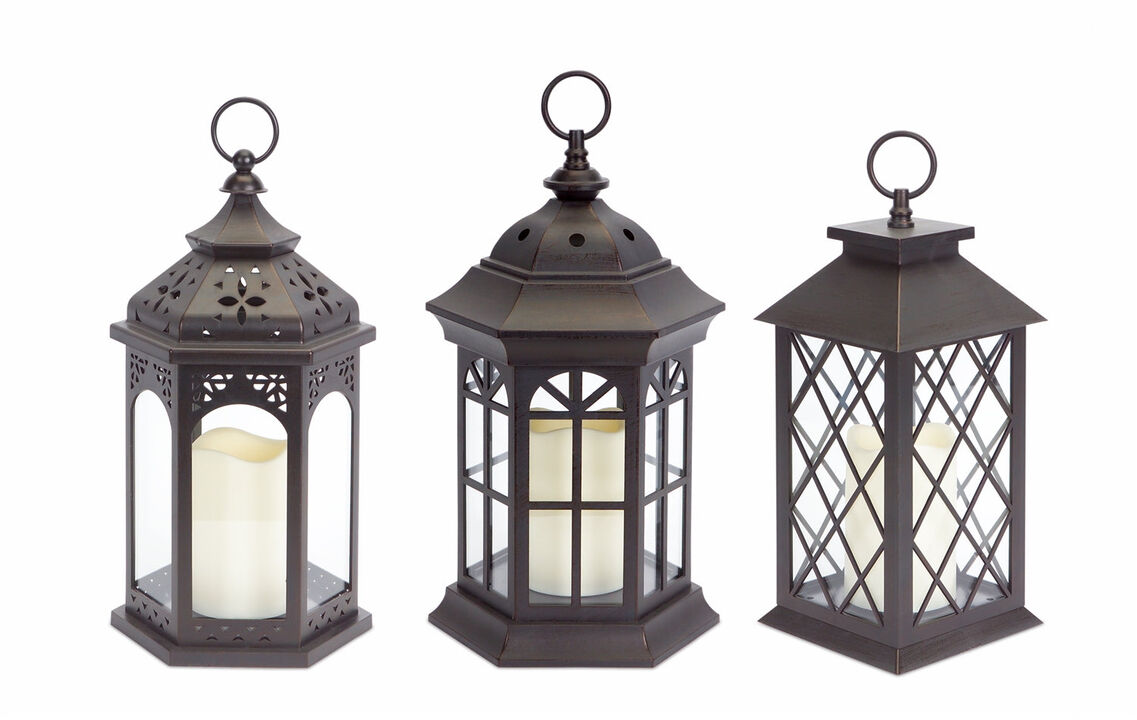 HouzBling Lanterns w/LED Candle (Set of 3) w/6 Hour Timer 13"H Plastic/Glass