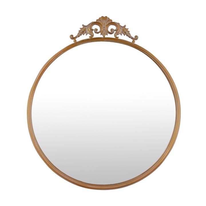 Drek Traditional Round Wall Mirror with Ornate Crest Top, Gold Metal 24x27