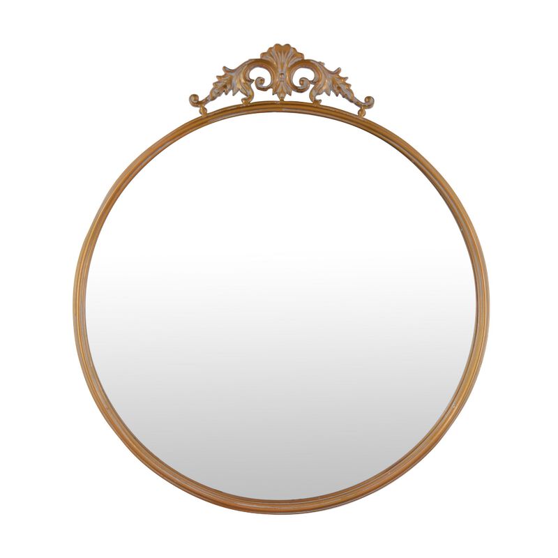 Drek Traditional Round Wall Mirror with Ornate Crest Top, Gold Metal 24x27 image number 0