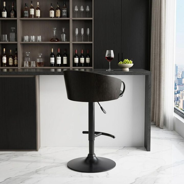 HomeRoots Black Faux Leather And Fabric And Iron Low Back Adjustable Height Swivel Bar Chair