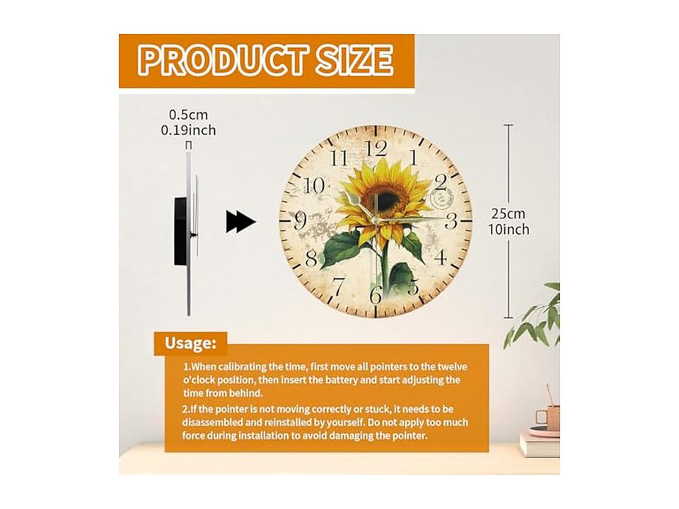 Hanging Workspace Vintage Sunflower Wall Clock 10 Inch Silent Non Ticking
