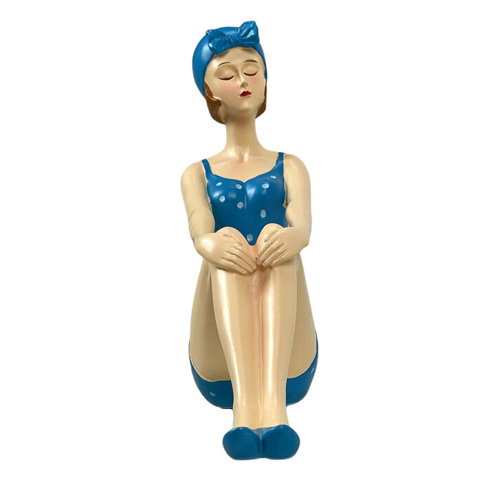 Retro Beach Beauty Sunbathing Figurine Aegean Blue Polka Dot Pinup 7.5 inch