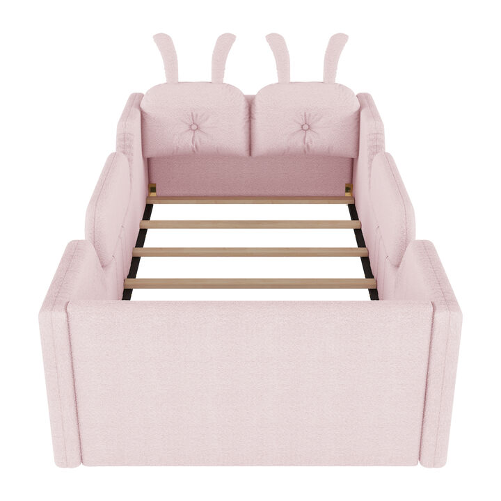 Whisen Twin Size Upholstered Floor Bed with Rabbit Cushion, Kids Platform Bed with Removable Side Rails