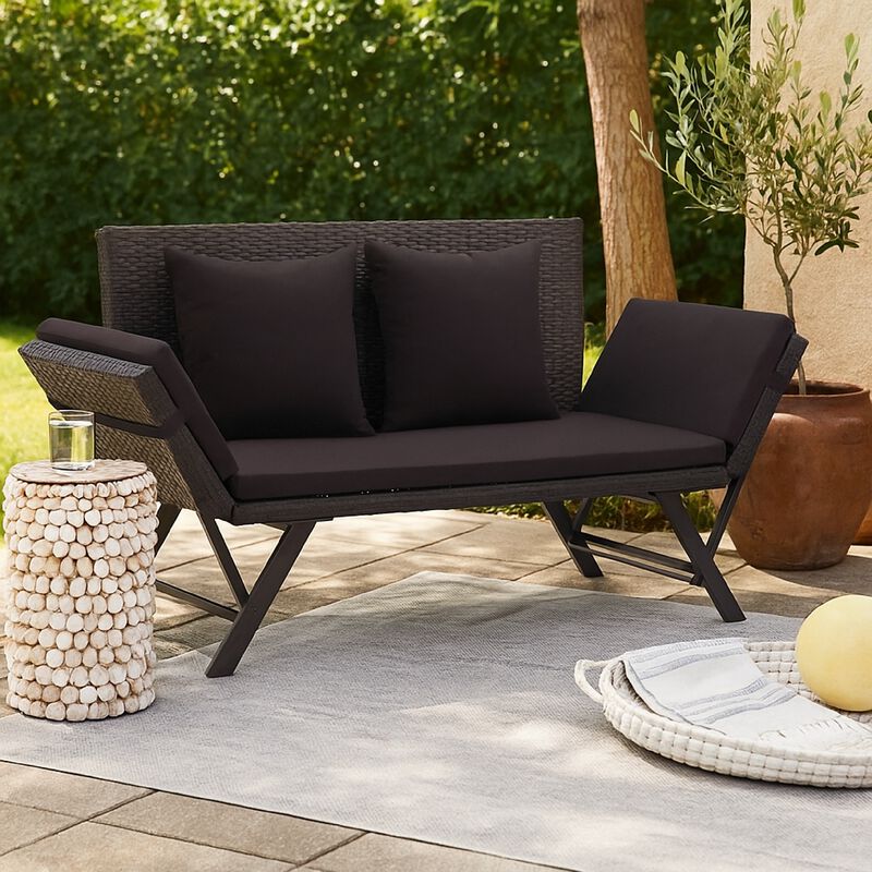 Outdoor Loveseat Bench, Black Fabric Cushions, Rattan, Steel, 51 Inch - Benzara