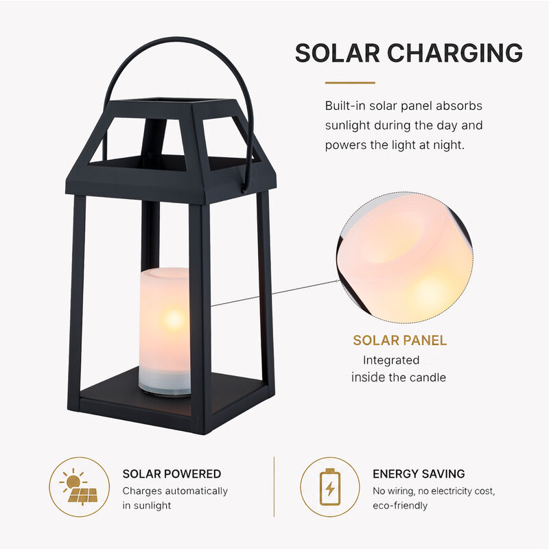 H13&rdquo; Solar Outdoor Lantern with Flickering Candle Modern Metal Solar Lantern with Handle, Waterproof Patio Table & Hanging Light Auto On/Off for Garden Deck image number 5