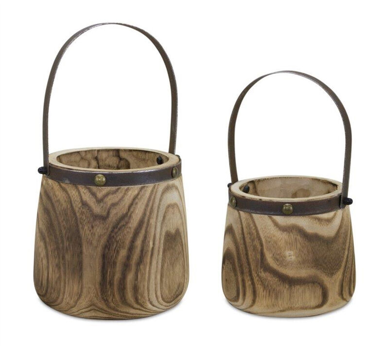 HomeRoots Set of Two Natural Wood And Steel Bucket Pot Planters image number 0