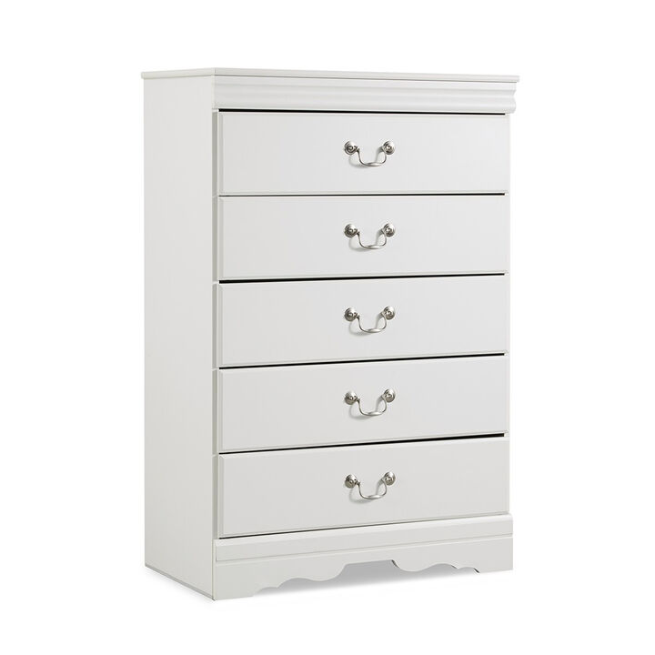 Roso Tall Dresser Chest, Classic White, 5 Drawers Pewter Metal Handles