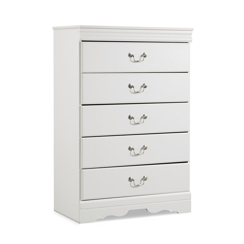 Roso Tall Dresser Chest, Classic White, 5 Drawers Pewter Metal Handles