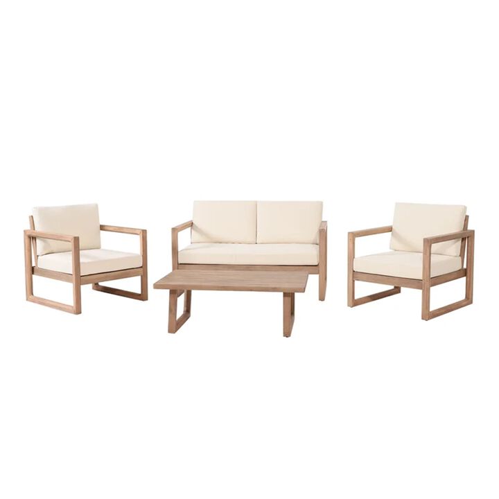 Merax Acacia Wood 4Piece Outdoor Chat Set - Slat Panel Design with Water-Resistant Cushions