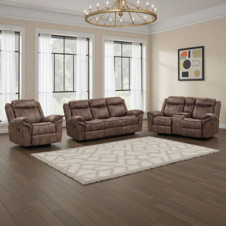 Arisa 3pc Sofa, Loveseat, Chair Manual Recliner Set, Brown Faux Leather