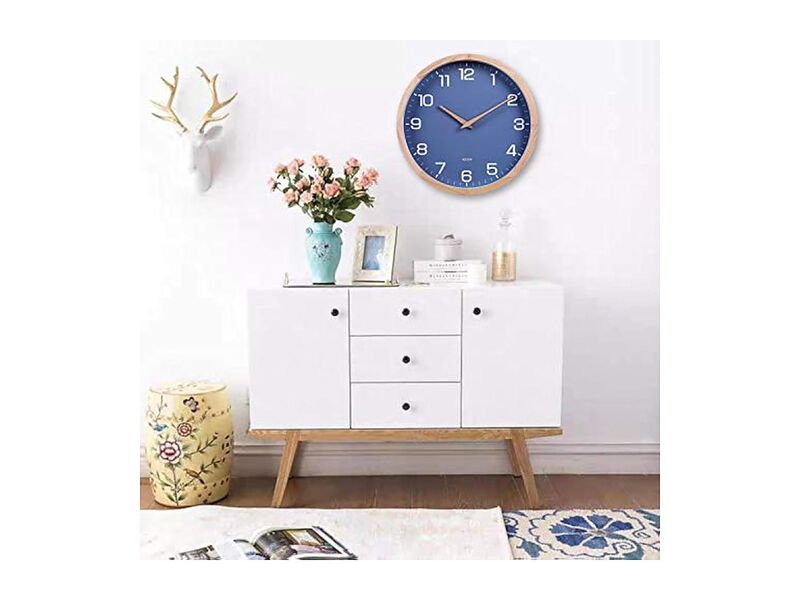 Wood Wooden Blue Simple Wall Clock 12 Inch Silent Non Ticking Modern image number 3