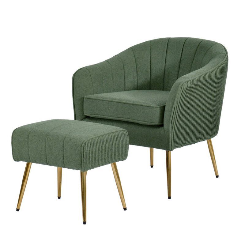 Best Quality Furniture 2 Piece Barrel Chair With Matching Ottoman In Green And Gold