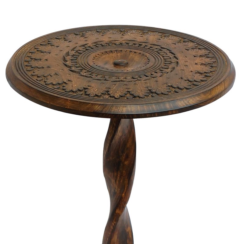 Jem 22 Inch Side End Table, Round Top, Hand Carved Boho Mandala Design with Twisted Base, Brown Mango Wood image number 6