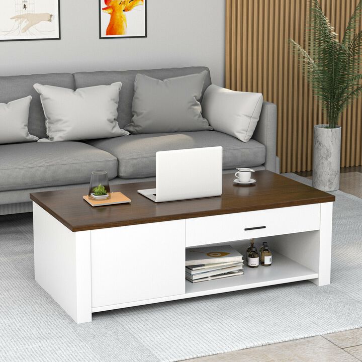 Modern Coffee Table with Front Back Drawers and Compartments for Living Room