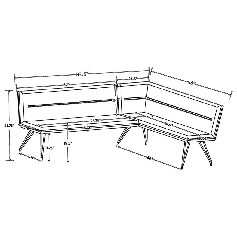 Donne Corner Dining Bench L Shape, Taupe Brown, Metal Legs, 84 Inch - Benzara