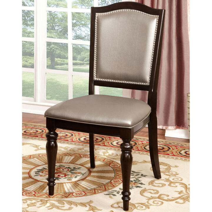 Transitional Set of 2 Side Chairs Dark Walnut Pewter Solid wood Chair Padded Leatherette Upholstered Seat Turned Legs Kitchen Dining Room Furniture