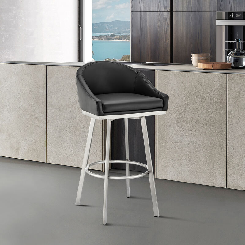 Noran Swivel Stool in Brushed Stainless Steel with Black Faux Leather