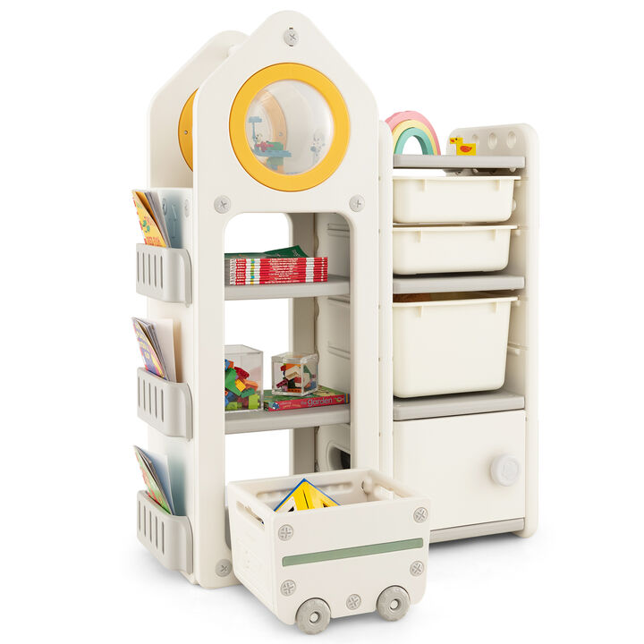 Multipurpose Toy Chest and Bookshelf with Mobile Trolley for Bedroom