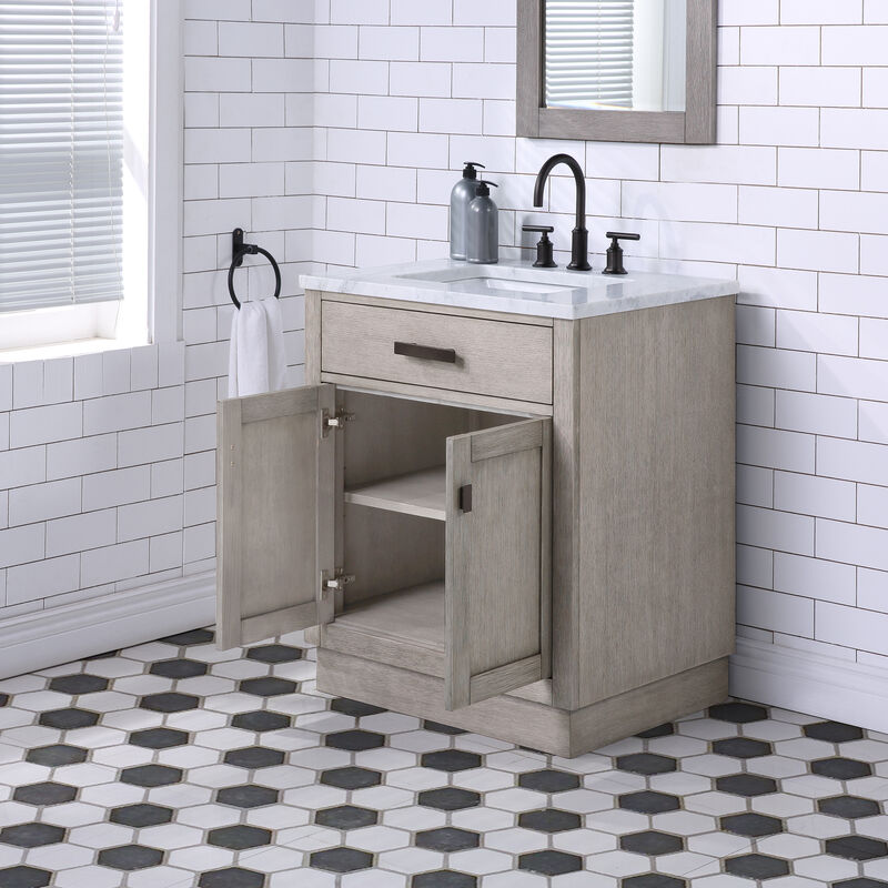 Chestnut 30 In. Single Sink Carrara White Marble Countertop Bath Vanity In Grey Oak with Oil Rubbed Bronze Hardware